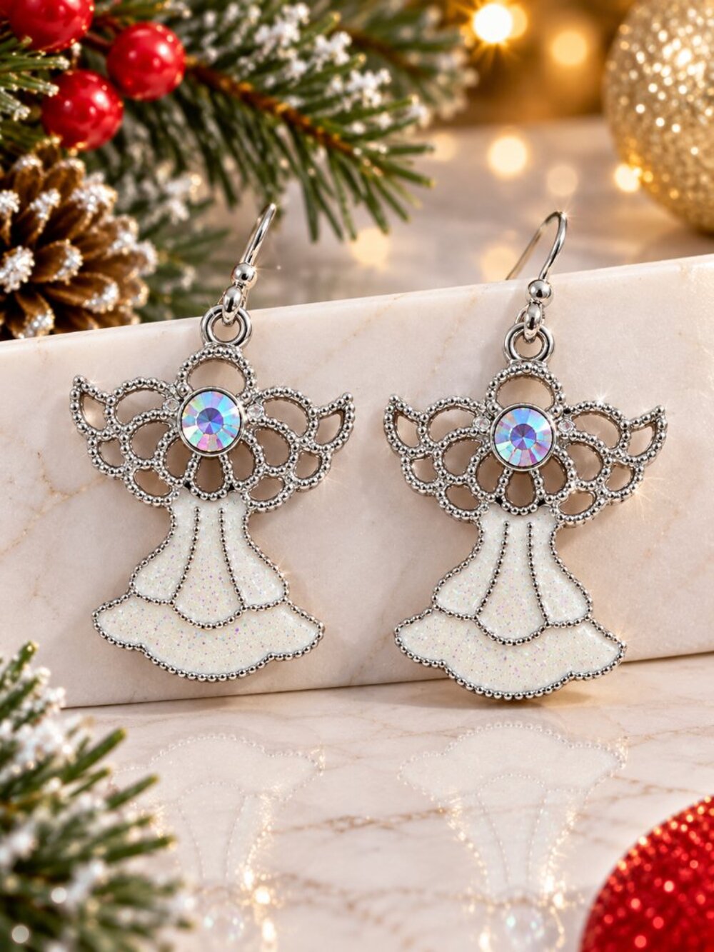 Silver Christmas White Angel Dangle Earrings Iridescent Crystal Holiday Jewelry
